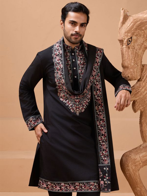 Black Floral Thread Embellished Silk Kurta Set