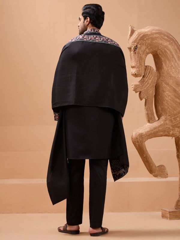 Black Floral Thread Embellished Silk Kurta Set