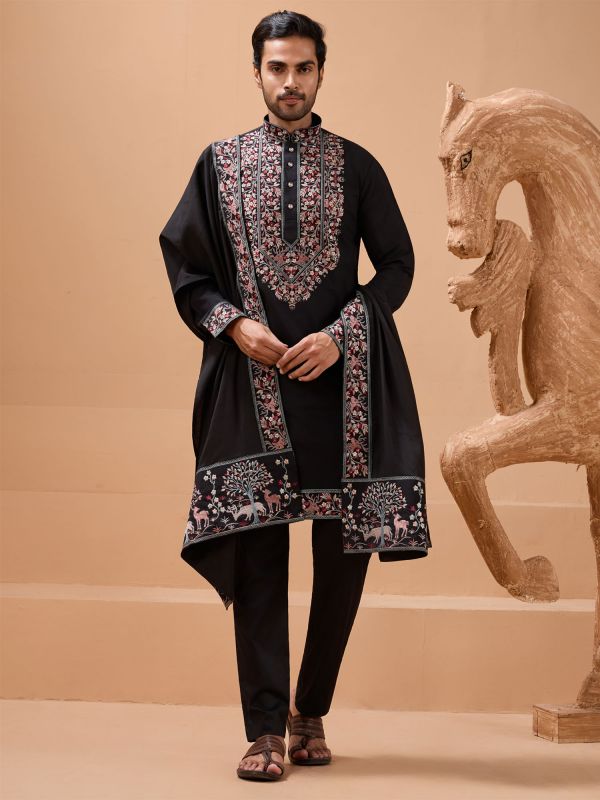 Black Floral Thread Embellished Silk Kurta Set