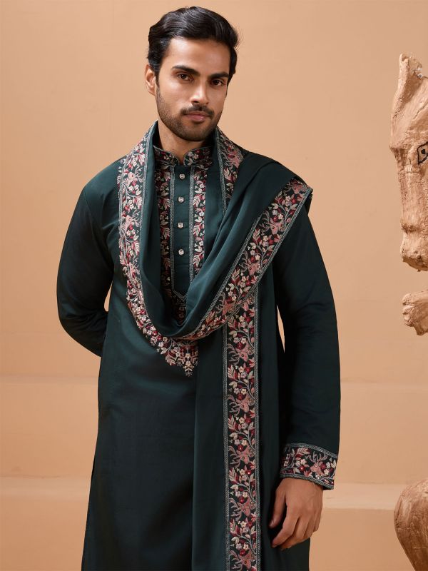 Green Thread Embroidered Readymade Kurta Pyjama