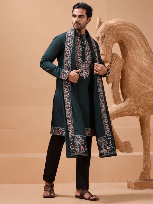 Green Thread Embroidered Readymade Kurta Pyjama