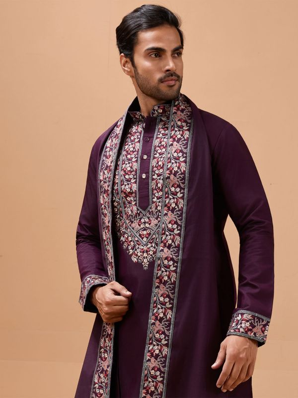 Wine Men's Kurta Set With Embroidered Dupatta