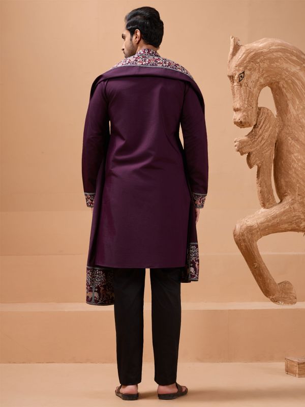 Wine Men's Kurta Set With Embroidered Dupatta