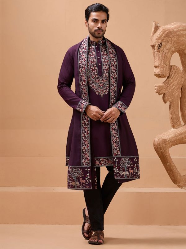 Wine Men's Kurta Set With Embroidered Dupatta