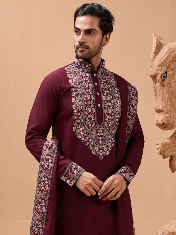 Maroon Viscose Silk Readymade Kurta Pyjama