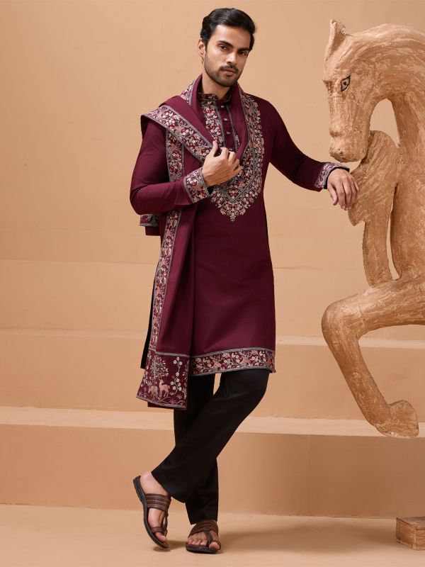 Maroon Viscose Silk Readymade Kurta Pyjama