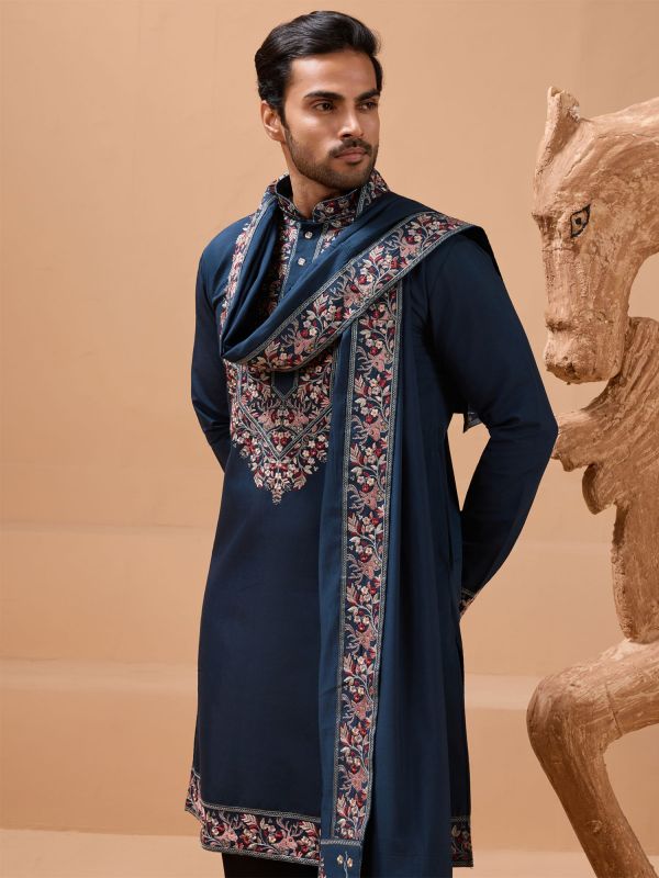 Blue Festive Men's Kurta Pyjama With Dupatta