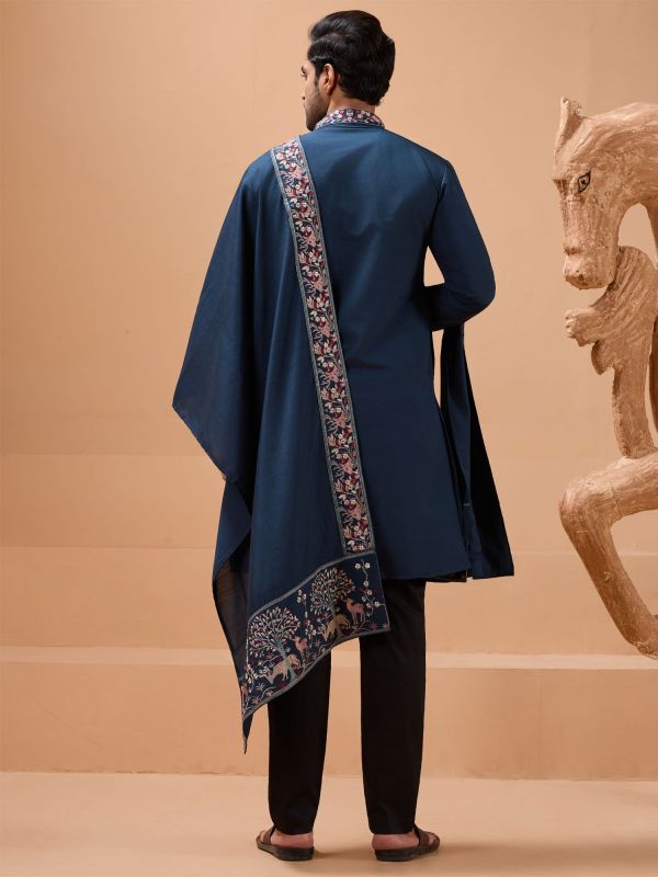 Blue Festive Men's Kurta Pyjama With Dupatta