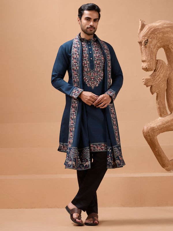 Blue Festive Men's Kurta Pyjama With Dupatta
