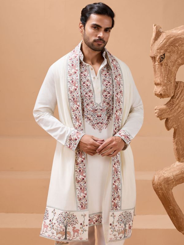 White Silk Kurta Set In Thread Embroidery