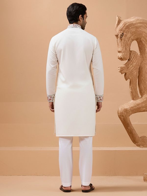White Silk Kurta Set In Thread Embroidery