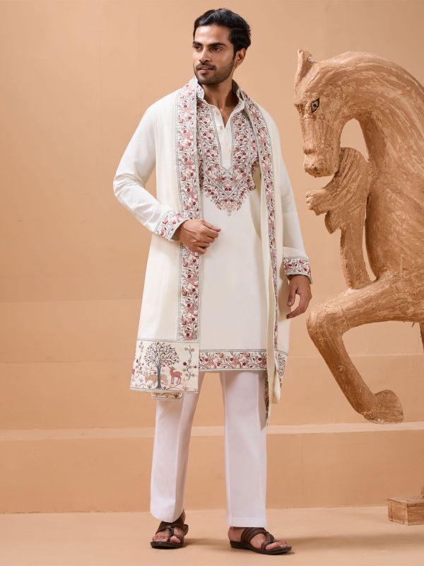 White Silk Kurta Set In Thread Embroidery