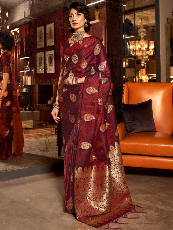 Maroon Traditional Saree With Zari Weaving