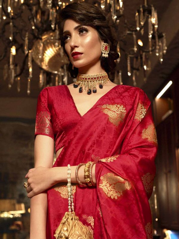 Red Zari Woven Saree In Satin