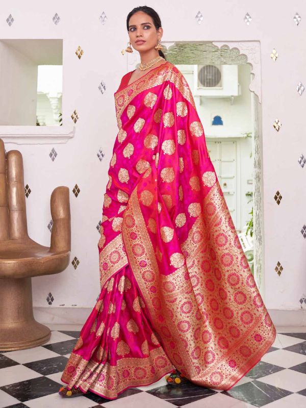 Pink Zari Woven Festive Saree In Silk