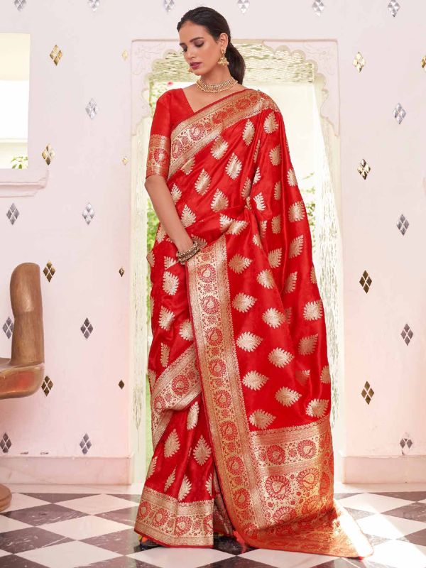 Red Zari Woven Festive Saree In Silk