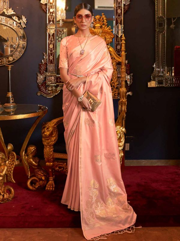 Peach Floral Woven Satin Saree