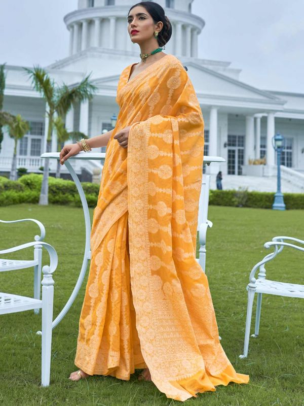 Yellow Woven Party Wear Saree In Chikankari