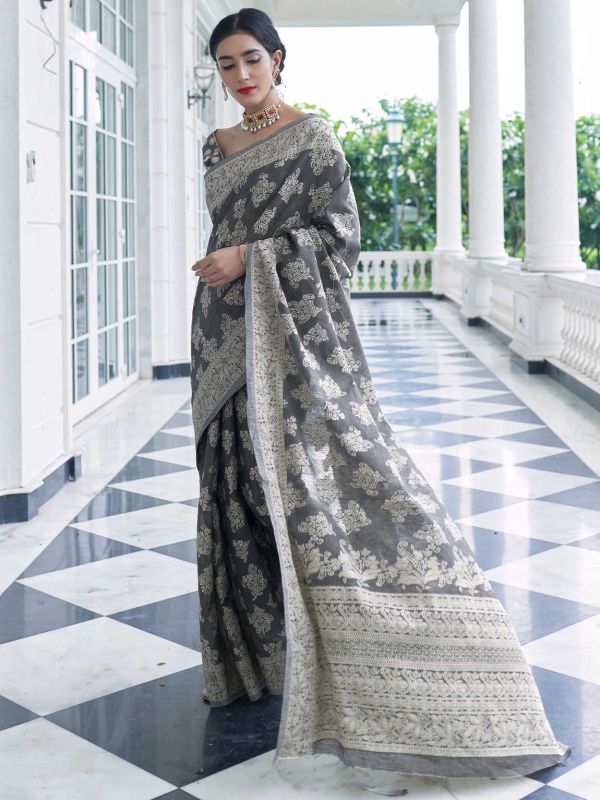 Grey Party Wear Chikankari Saree