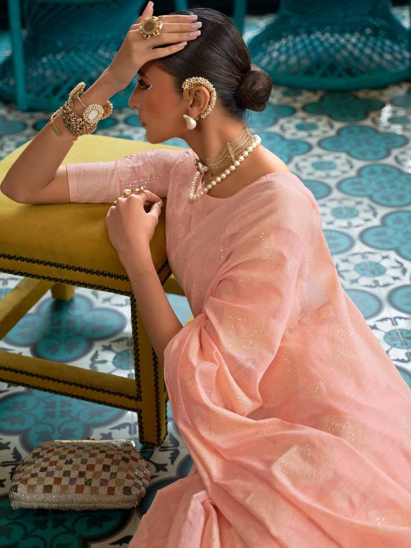 Peach Chikankari Party Wear Saree In Silk