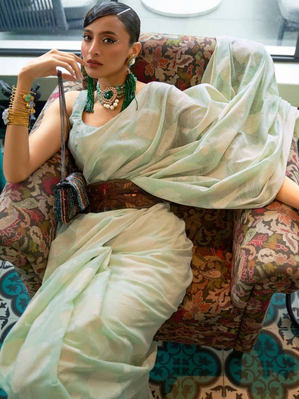 Green Party Wear Saree With Chikankari Work