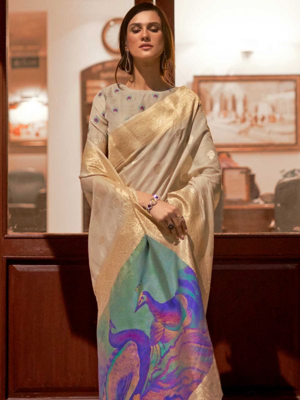 Beige Zari Woven Traditional Silk Saree