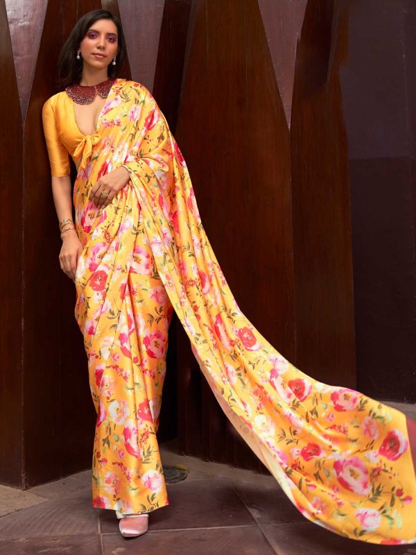 Yellow Party Wear Saree With Floral Prints