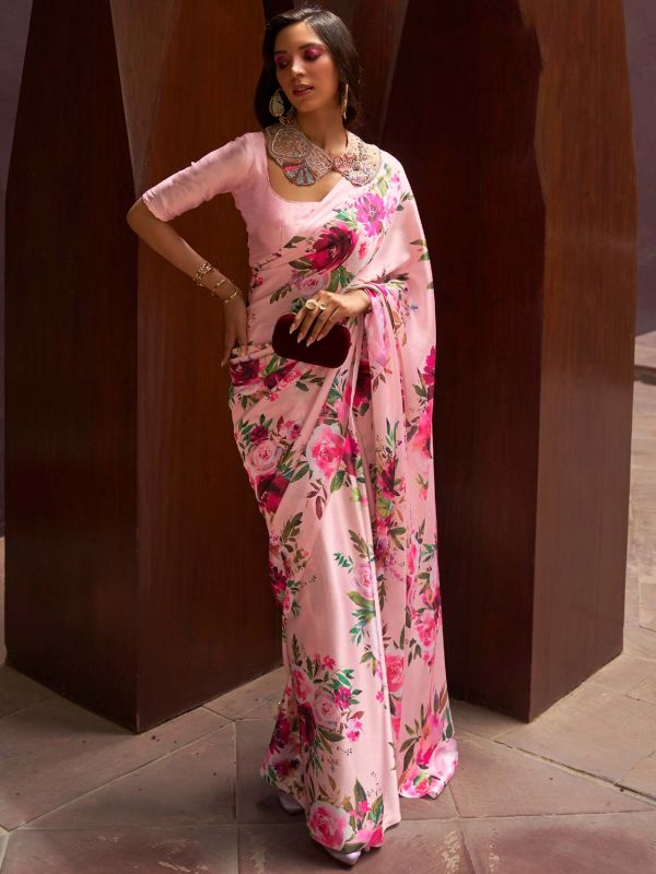 Pink Party Wear Saree With Floral Prints