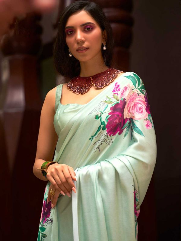 Green Floral Printed Saree In Satin