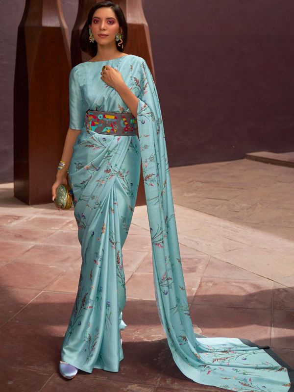 Blue Floral Printed Saree In Satin