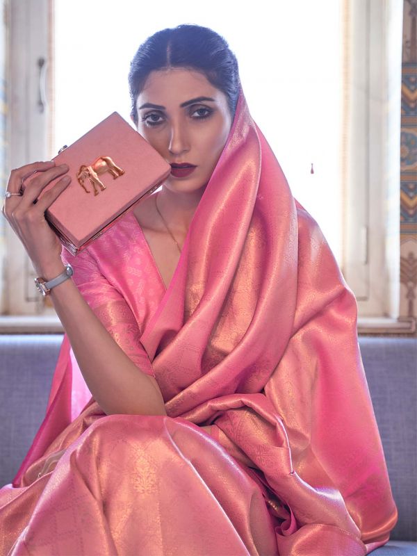 Pink Woven Party Wear Saree In Handloom Silk