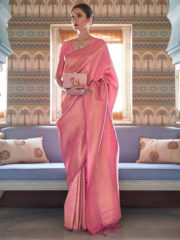Pink Woven Party Wear Saree In Handloom Silk
