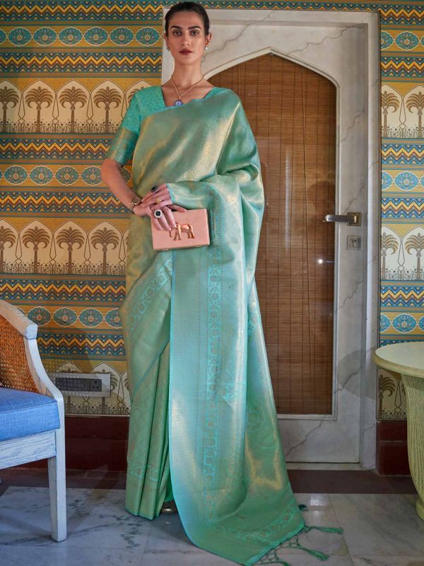 Turquoise Woven Party Wear Saree In Handloom Silk