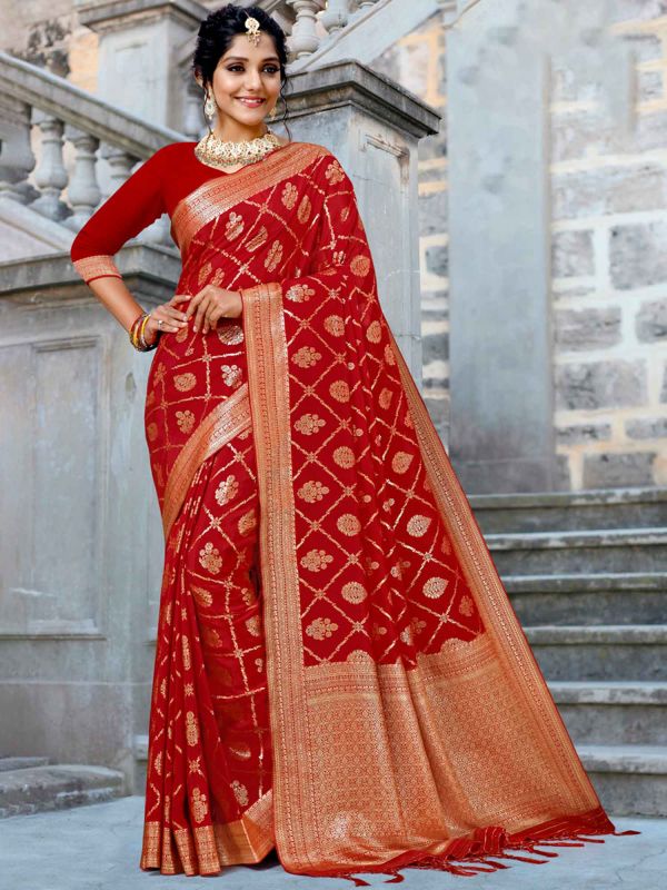 Red Woven Bridal Saree In Art Silk