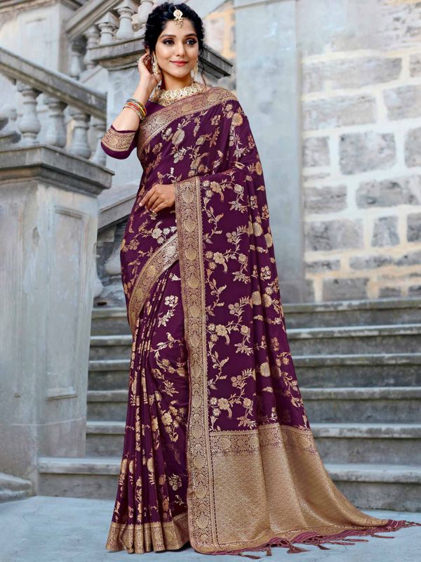 Purple Silk Saree With Floral Weaves