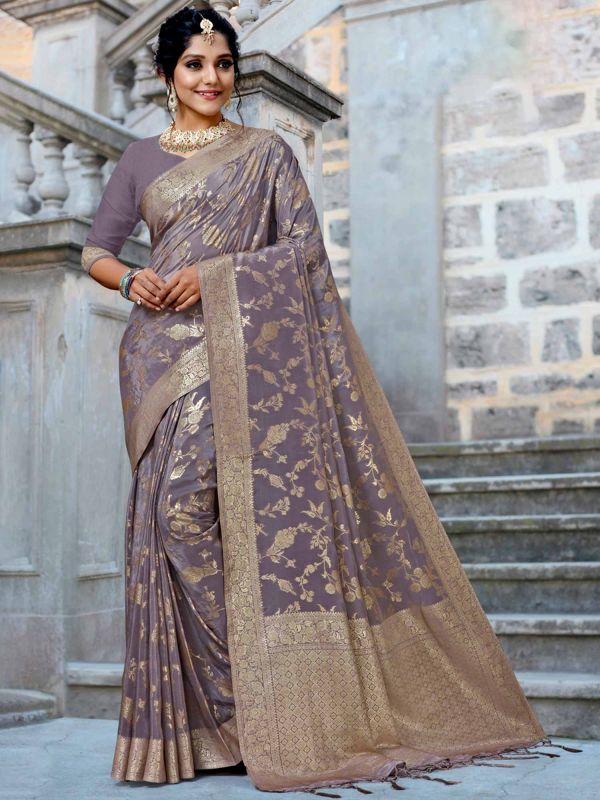 Grey Floral Woven Art Silk Saree