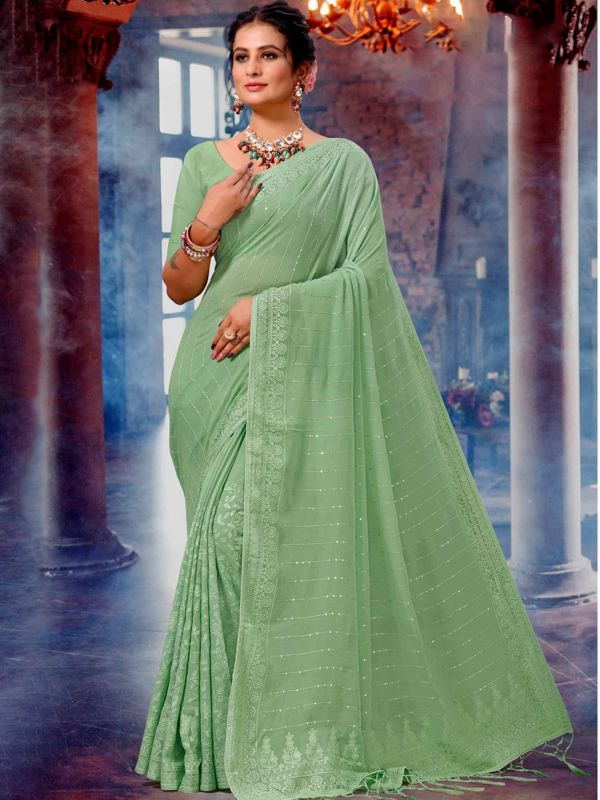 Green Art Silk Saree With Embroidery