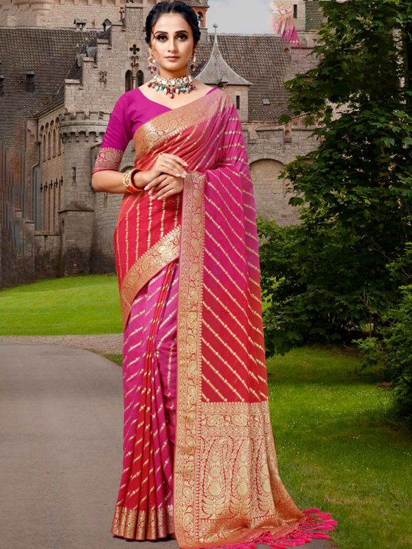 Pink And Red Saree With Woven Pallu