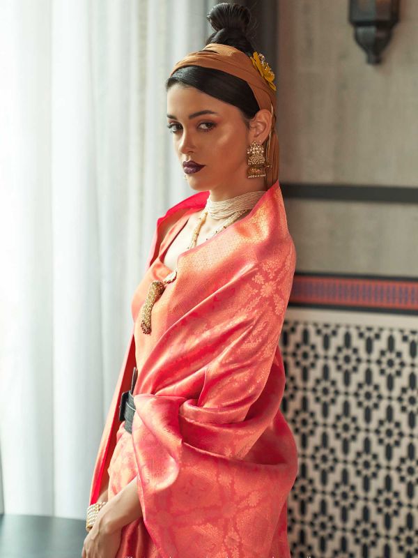 Peach Festive Woven Silk Saree