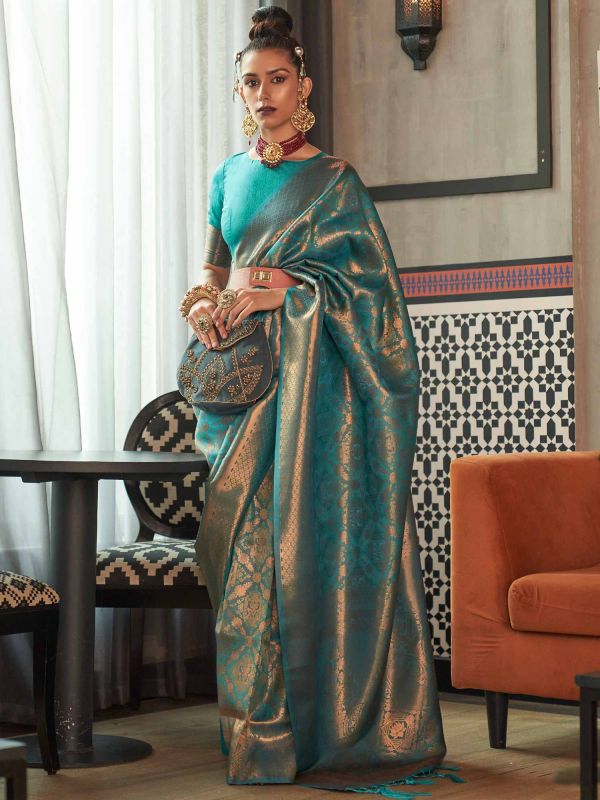 Turquoise Woven Party Wear Saree