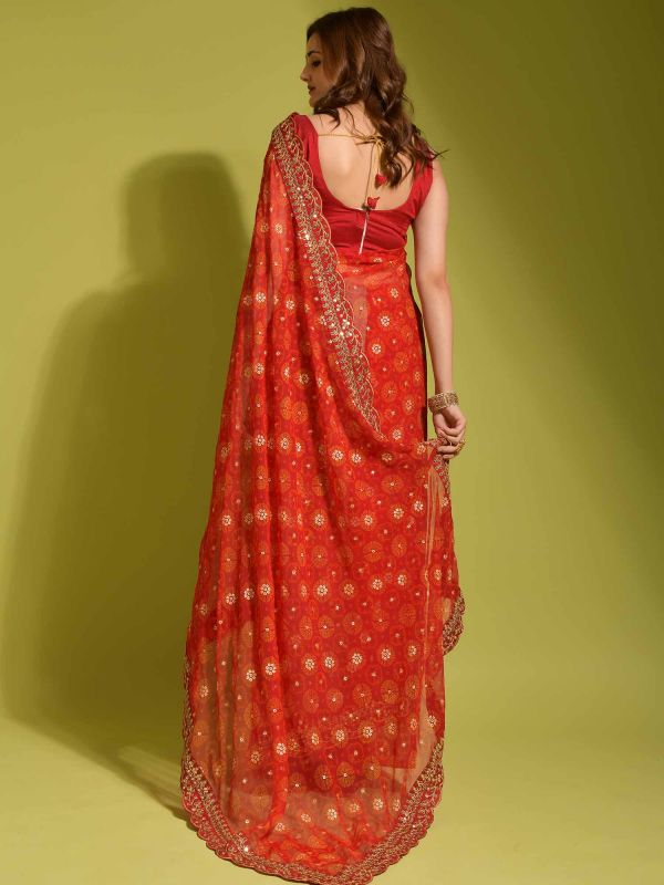 Orange Printed Saree With Heavy Border