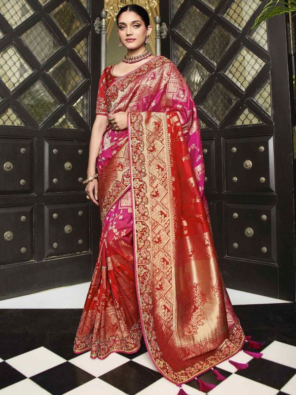 Pink And Red Bridal Saree With Zari Weaves