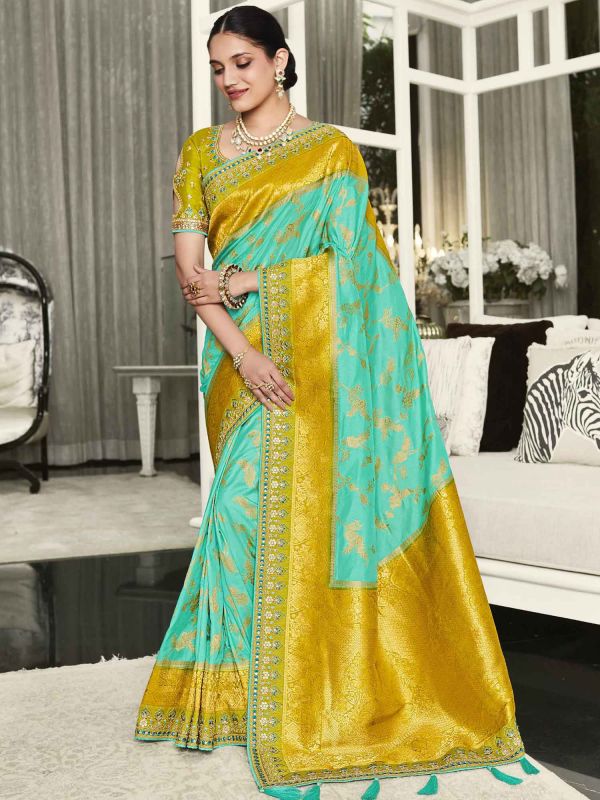 Turquoise Silk Saree With Embroidered Border