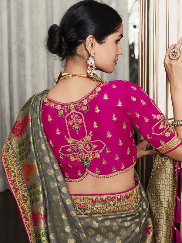 Grey Embroidered Silk Traditional Saree