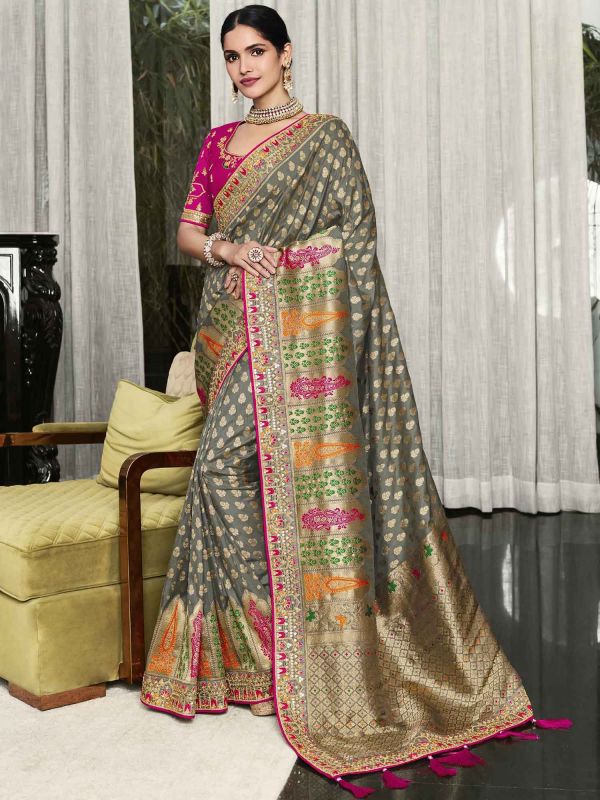 Grey Embroidered Silk Traditional Saree
