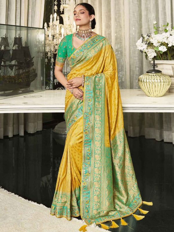 Yellow Silk Saree With Embroidered Border
