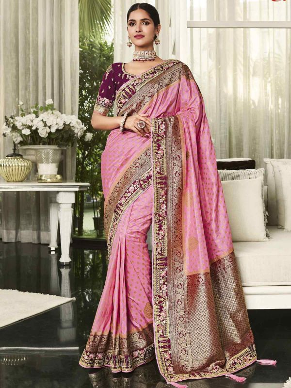 Pink Embroidered Border Traditional Saree