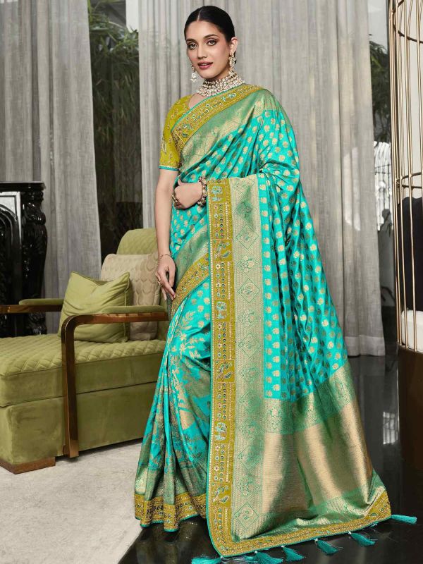 Turquoise Embroidered Traditional Saree In Silk
