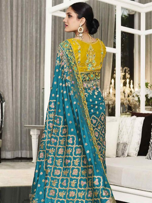 Blue Embroidered Traditional Saree In Silk