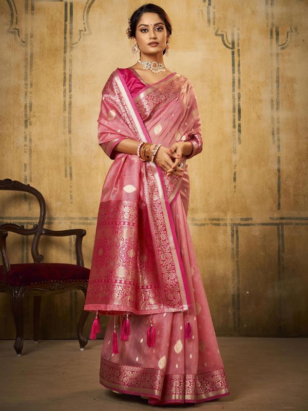 Pink Festive Tissue Saree With Zari Weaves